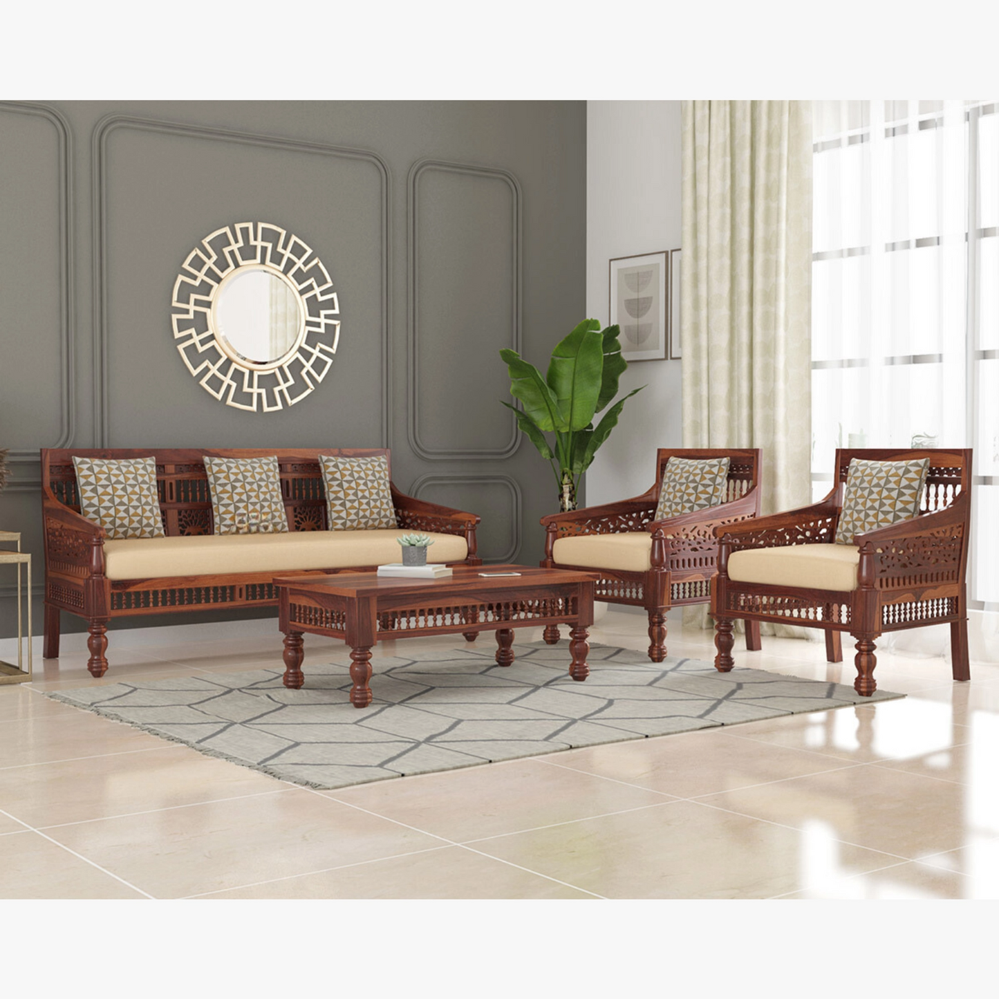 Jodha Solid Sheesham Wood Sofa Set (Honey Finish)