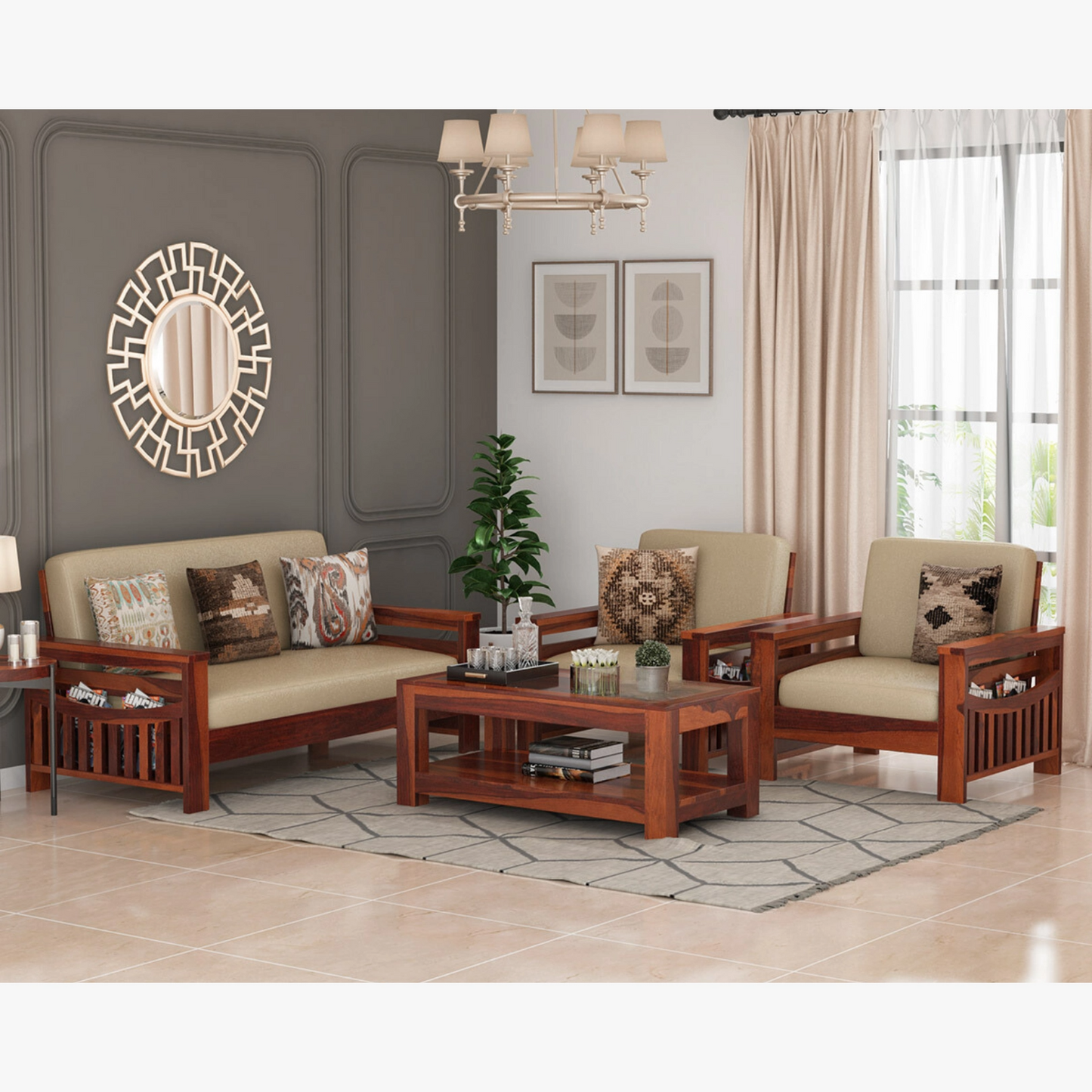 Joy Solid Sheesham Wood Sofa Set (Honey Finish)