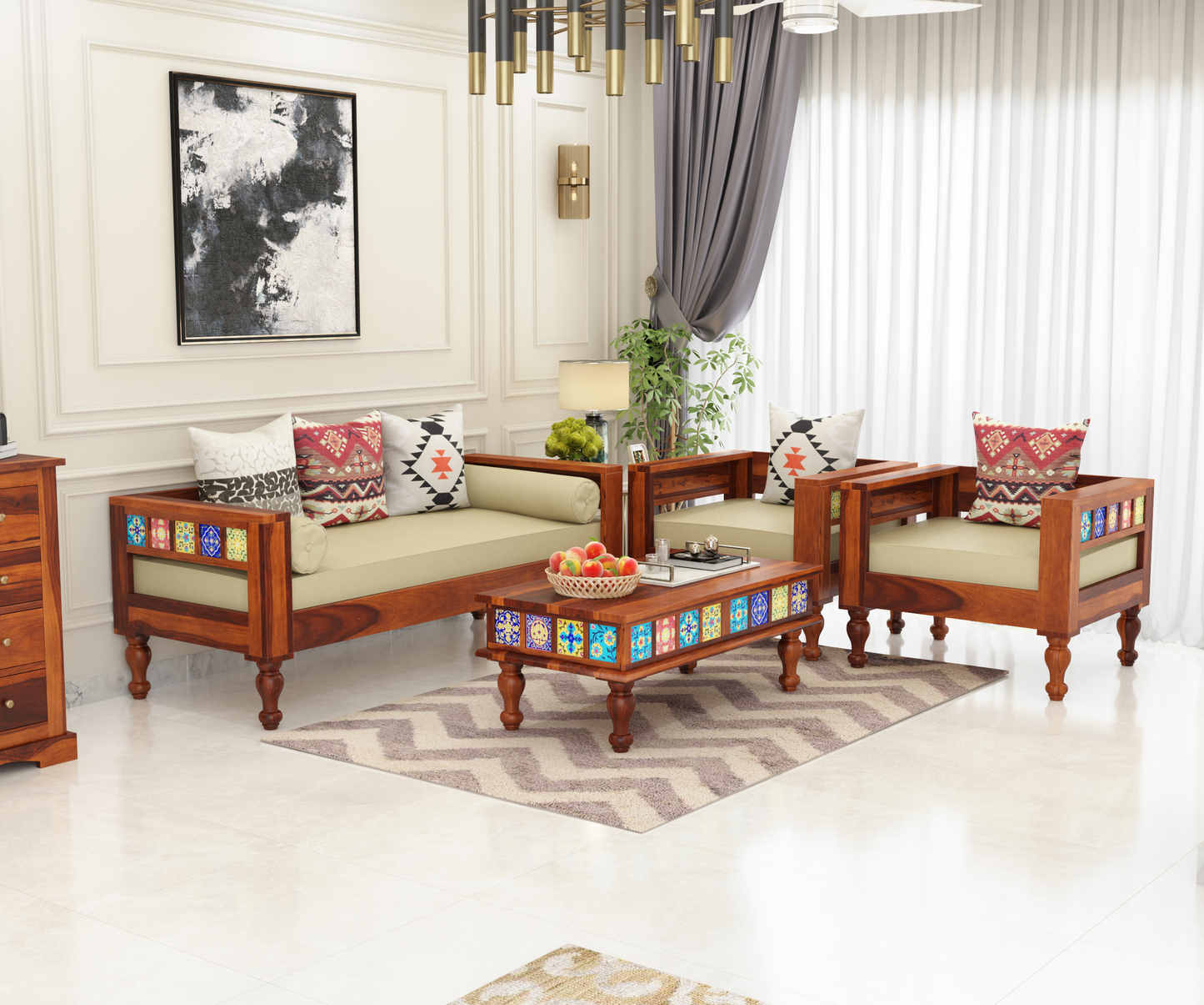 Rio tile Solid Sheesham Wood Sofa Set (Honey Finish)