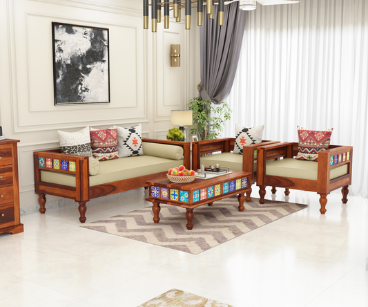 Rio tile Solid Sheesham Wood Sofa Set (Honey Finish)