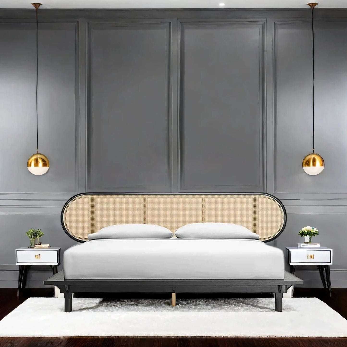 Beach Solid Acacia Wood Curve Rattan Bed