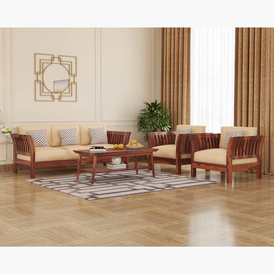 Joy Solid Sheesham Wood Sofa Set (Honey Finish)