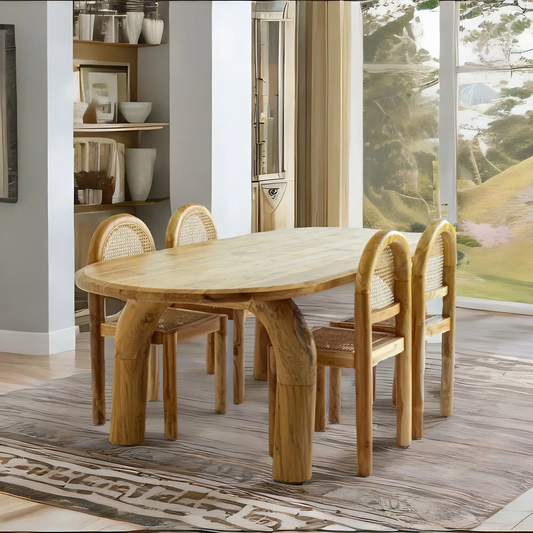 Round carve Solid Teakwood Dining Table Set