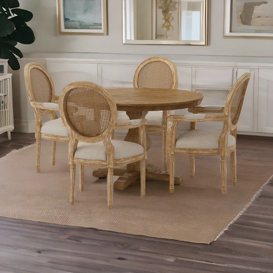 Reo Modern Rattan Solid Mango Wood Round 4 Seater Dining Table Set