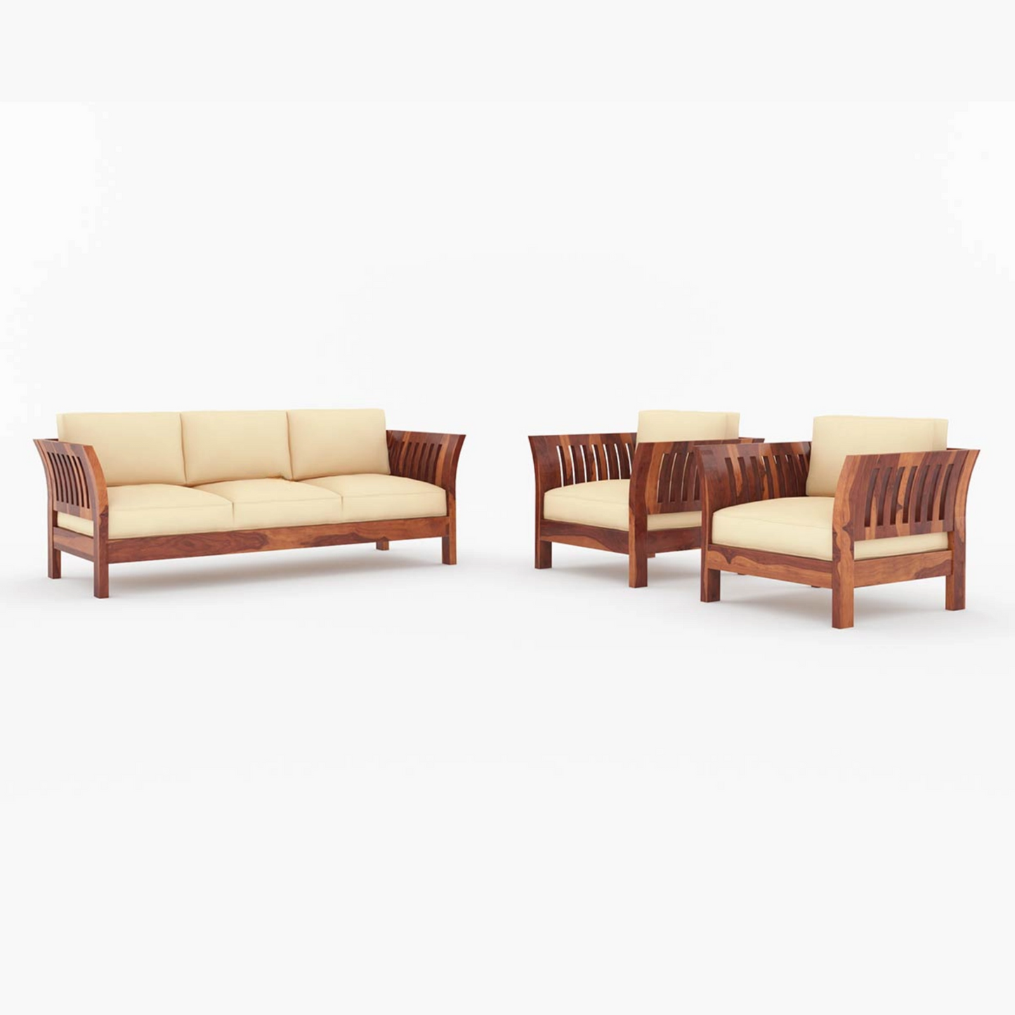 Joy Solid Sheesham Wood Sofa Set (Honey Finish)