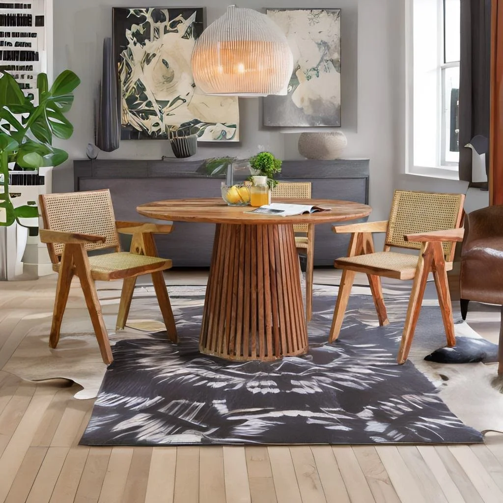 Julias Rattan Solid Mango Wood Round 4 Seater Dining Table Set