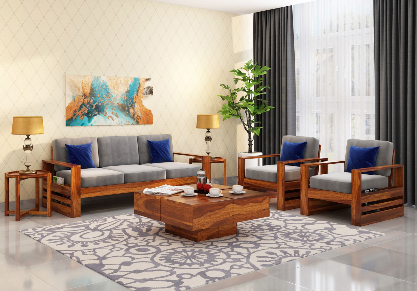 hayat Solid Sheesham Wood Sofa Set (Honey Finish)